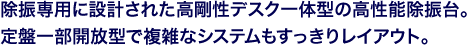 除振専用に設計された高剛性デスク一体型の高性能除振台。定盤上面はSPCCとSUS304の2種類用意しています。