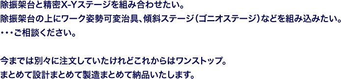 除振架台と精密X-Yステージを組み合わせたい。除振架台の上にワーク姿勢可変治具、傾斜ステージ（ゴニオステージ）などを組み込みたい。まとめて設計まとめて製造まとめて納品いたします。